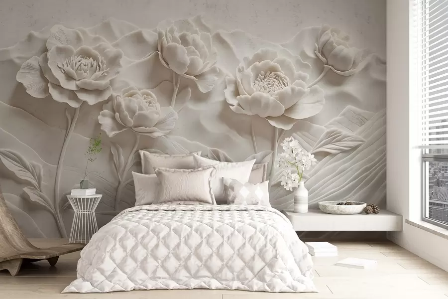 fototapet O imitație florală albă de sculptură în relief cu flori mari de bujor detaliate pe un fundal simplu w08612