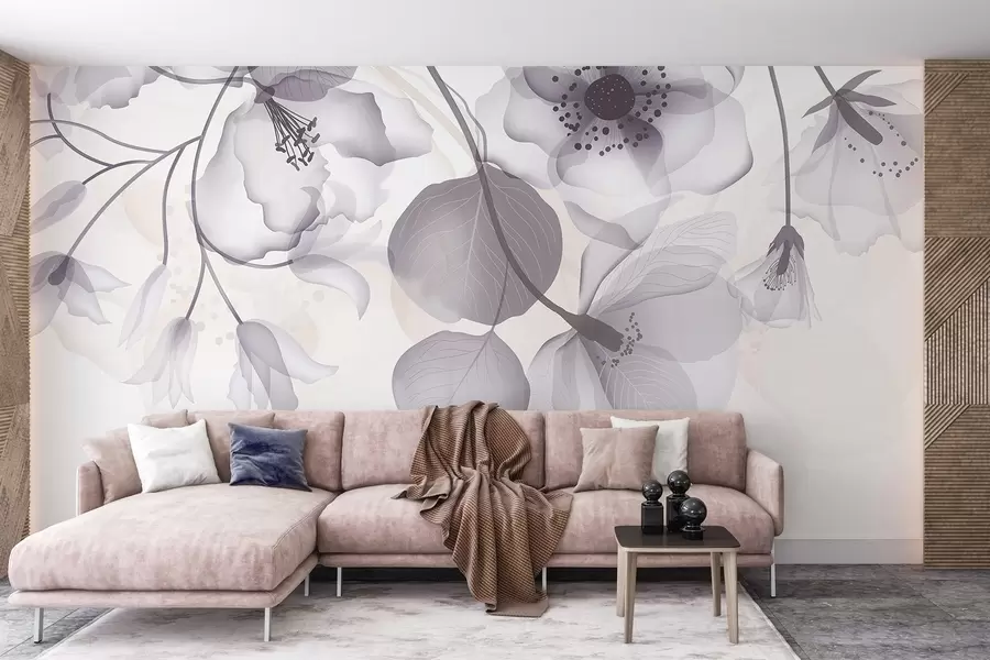 fototapet Delicate flori translucide gri și bej, cu petale moi și centre întunecate, pe un fundal deschis w08613v2