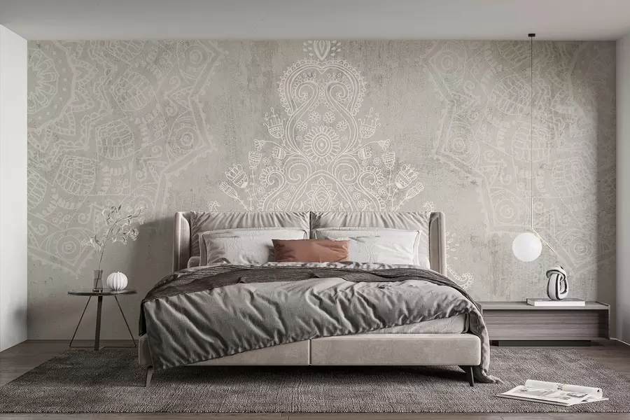 fototapet Un imprimeu mandala cu dantelă albă detaliată și complexă pe un fundal abstract texturat bej deschis w08614