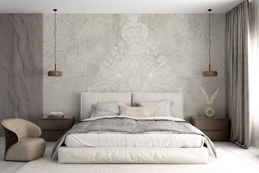 fototapet Un imprimeu mandala cu dantelă albă detaliată și complexă pe un fundal abstract texturat bej deschis w08614