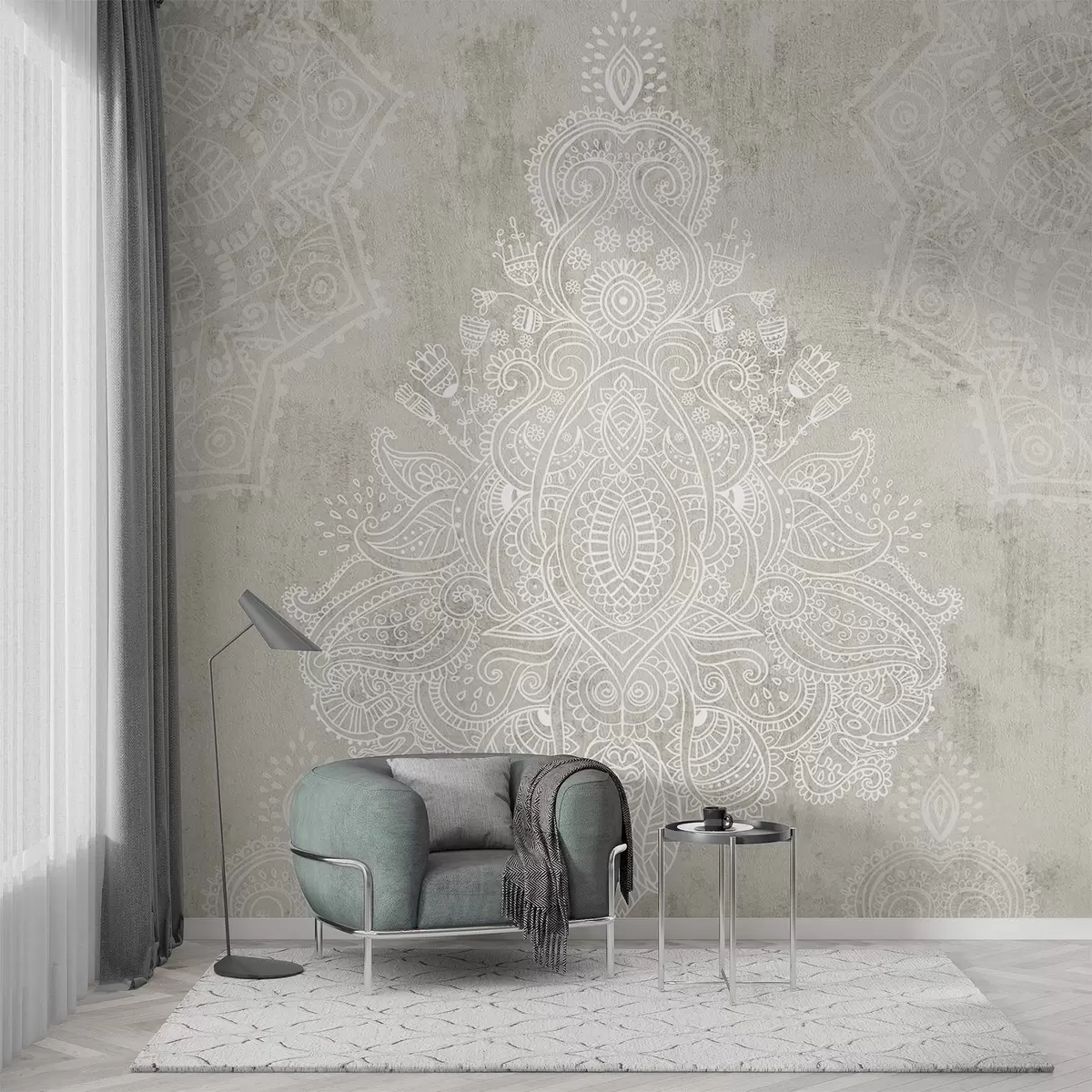 fototapet Un imprimeu mandala cu dantelă albă detaliată și complexă pe un fundal abstract texturat bej deschis w08614