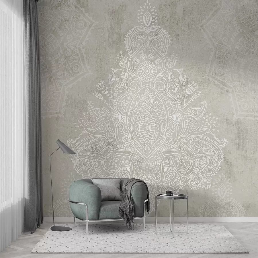 fototapet Un imprimeu mandala cu dantelă albă detaliată și complexă pe un fundal abstract texturat bej deschis w08614