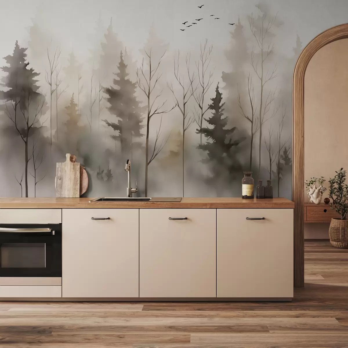 fototapet Siluete de brazi și copaci imitație de acuarelă umedă w02721