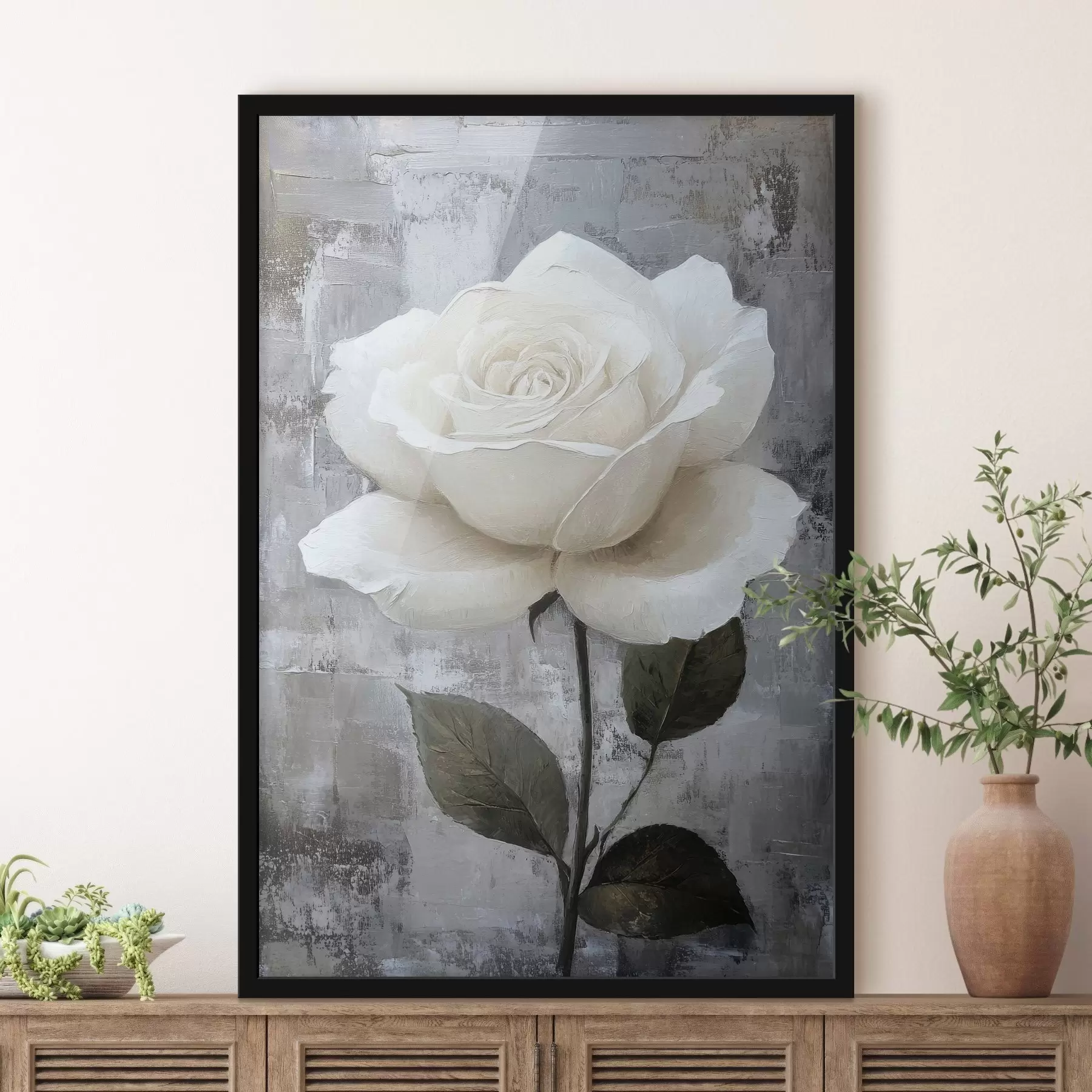 fototapet Trandafir alb desenat manual pe fundal de beton f42185