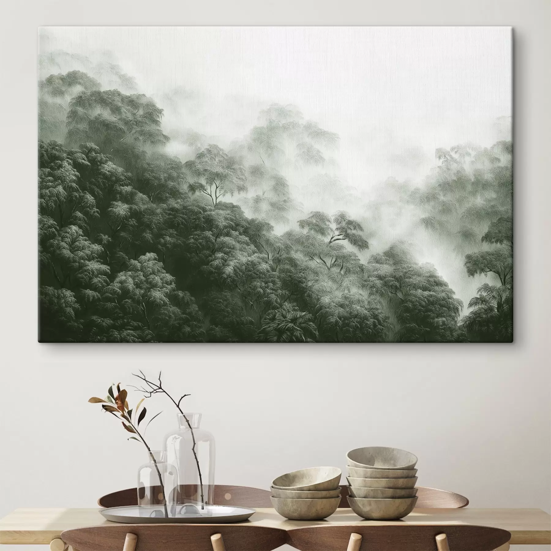 fototapet Pădure tropicală în ceață, palmieri, culori verzi s42371