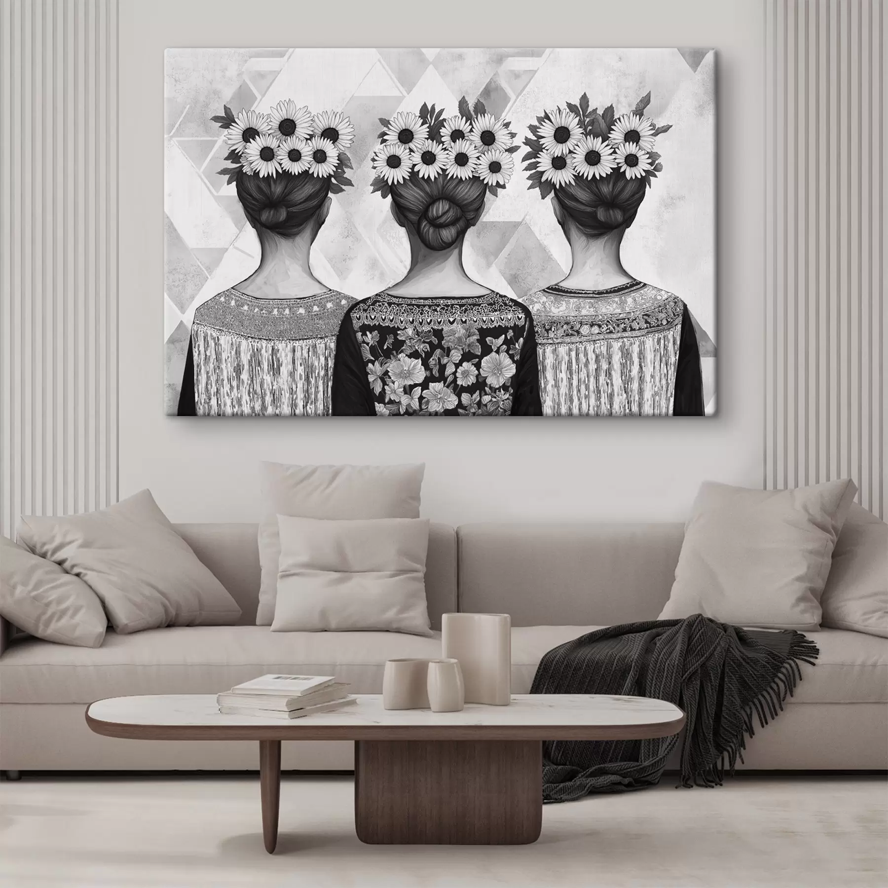 Tablouri Trei femei în închideri etnice, desen în stil creion, floarea soarelui s42377