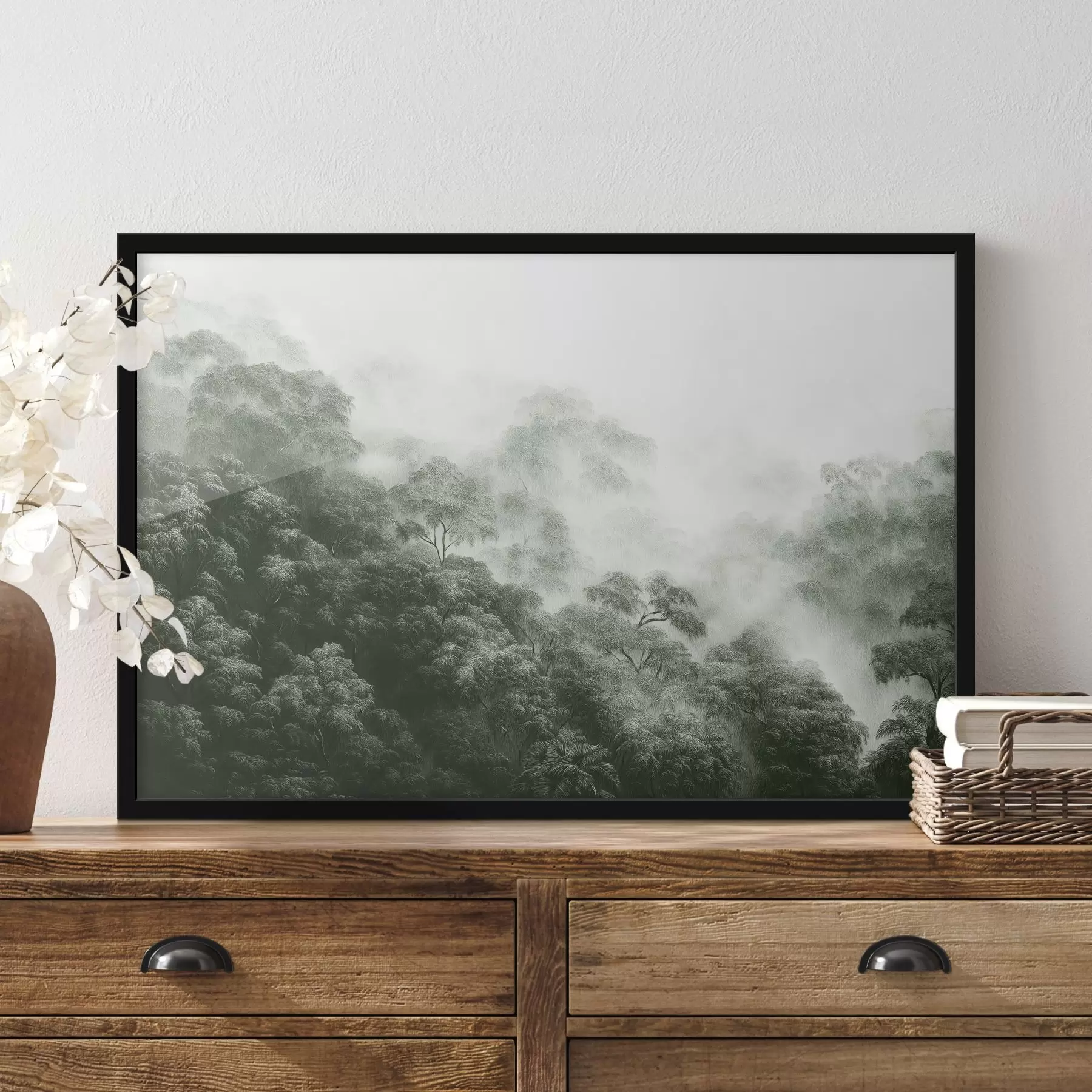 Tablouri Pădure tropicală în ceață, palmieri, culori verzi f42371