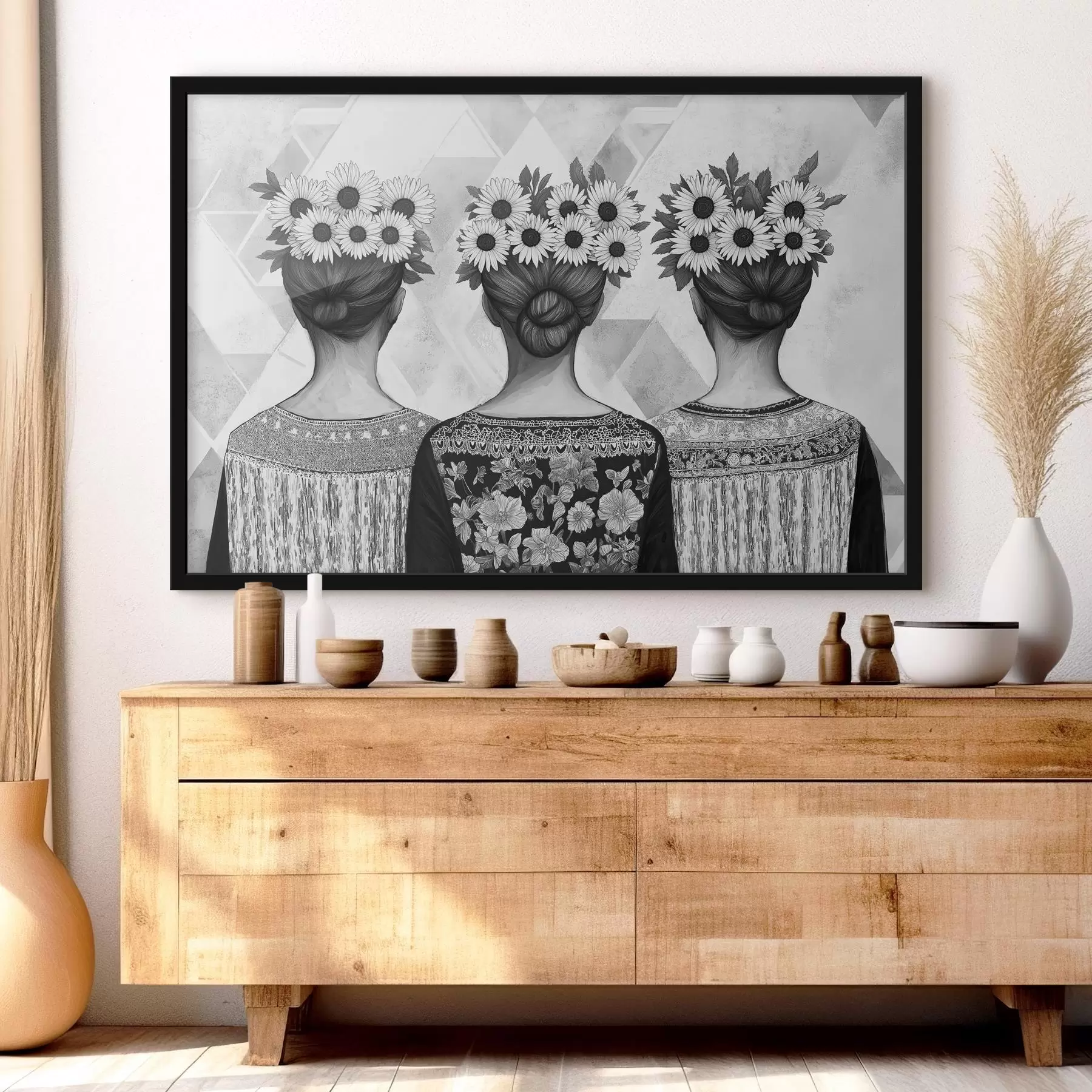 Tablouri Trei femei în închideri etnice, desen în stil creion, floarea soarelui f42377