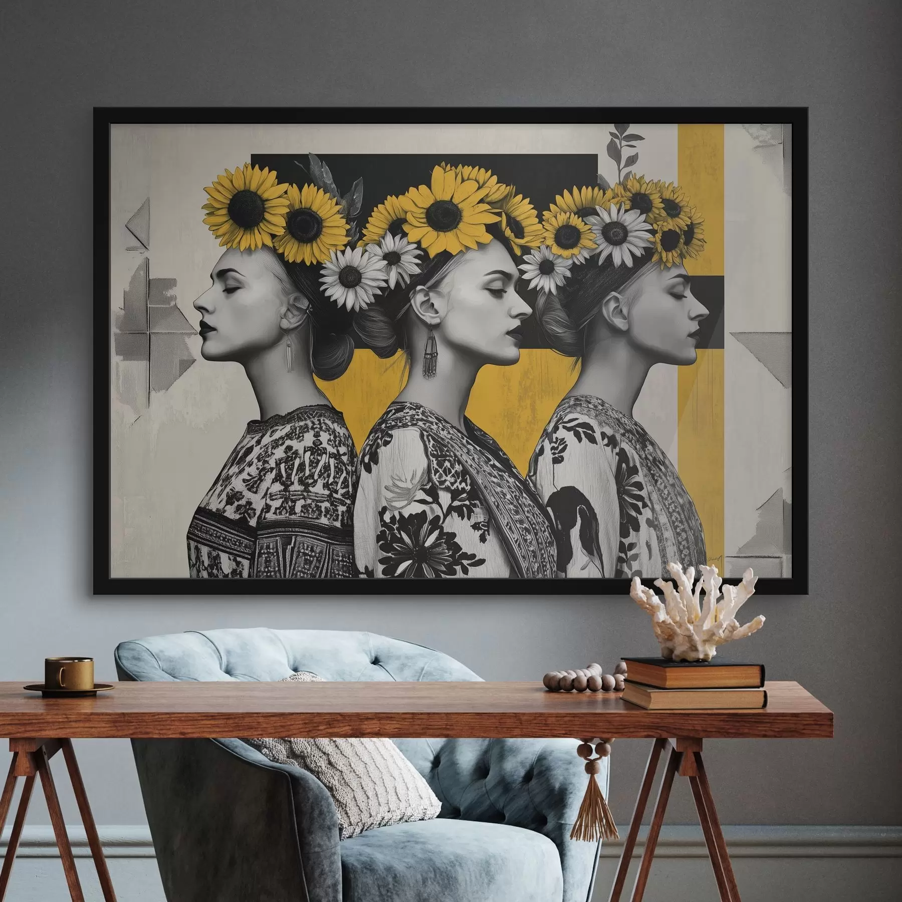 fototapet Femei frumoase în etnice se închide cu chei de floarea soarelui f42378