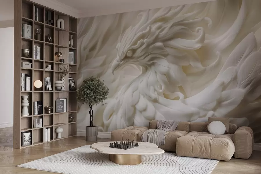 fototapet O pasăre cu pene lungi în stil stucco în tonuri de bej w08629