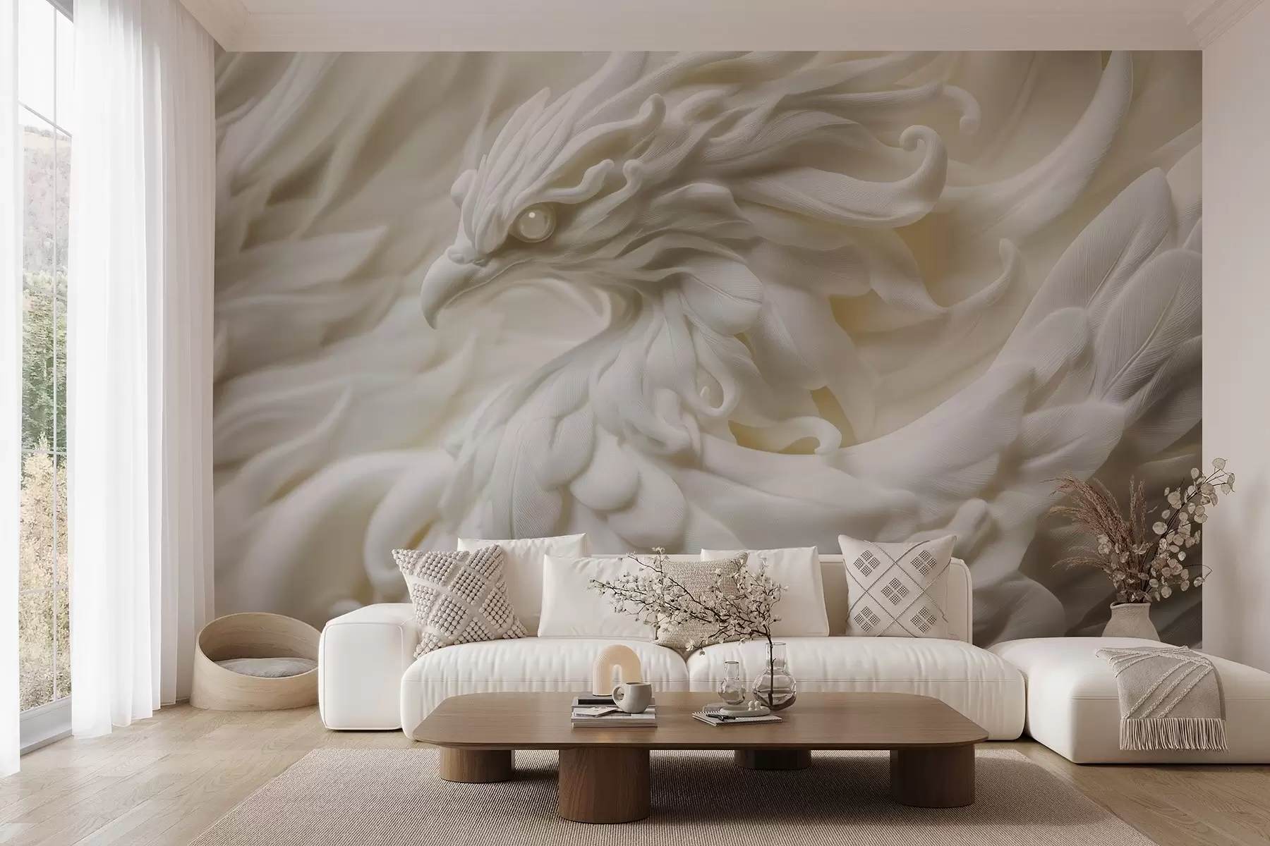 fototapet O pasăre cu pene lungi în stil stucco în tonuri de bej w08629