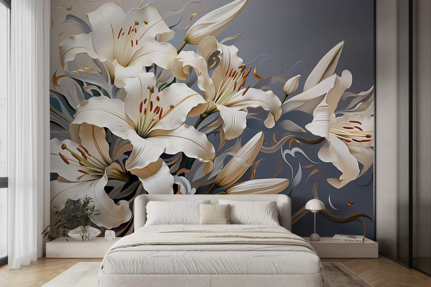 fototapet Crini albi sofisticați pe un fundal gri-albastru w08633