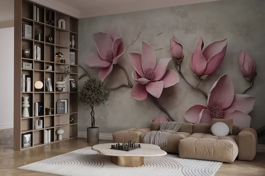 fototapet Magnolii roz în stil stucco w08635