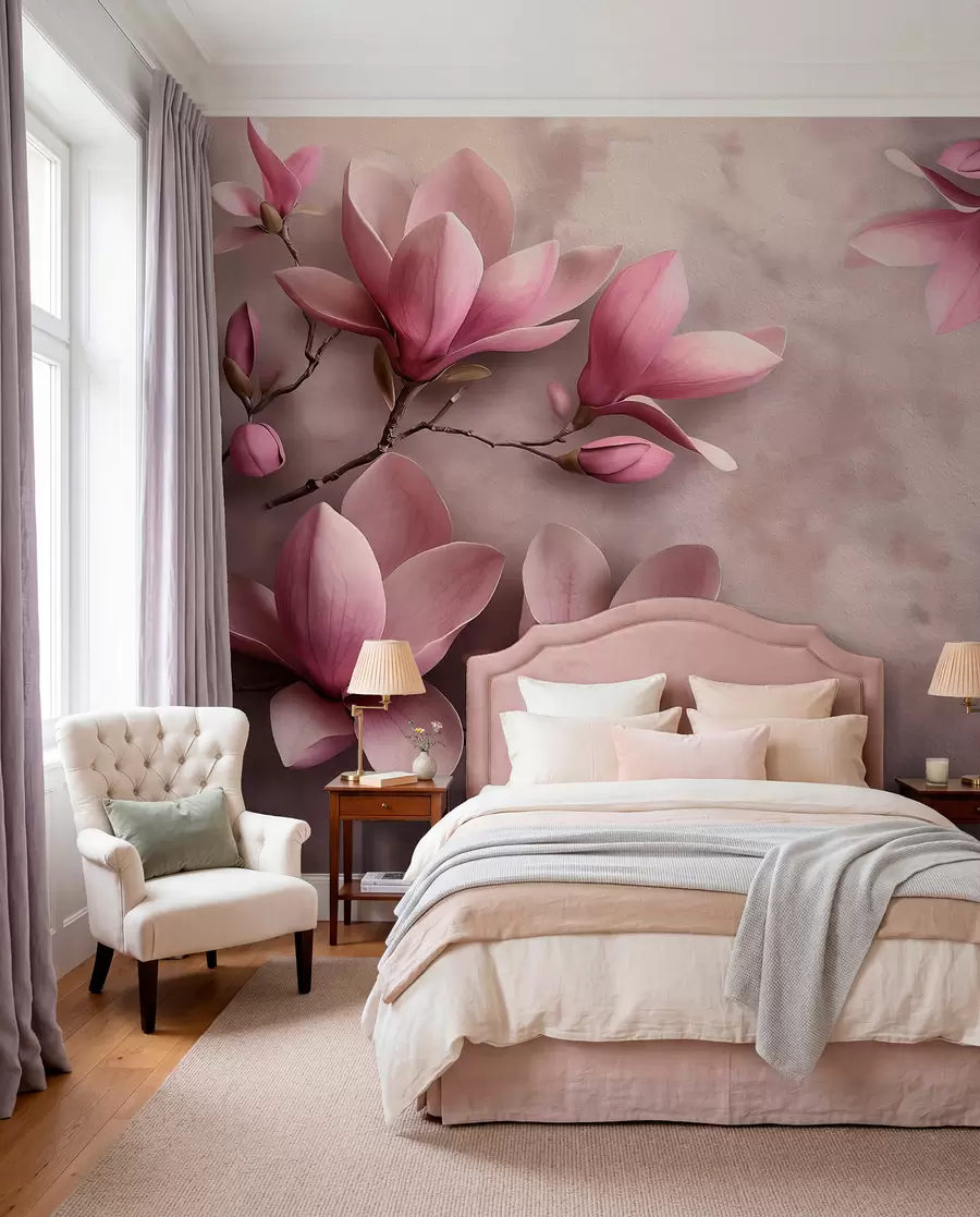 fototapet Delicate magnolii roz pe un perete de beton w08636