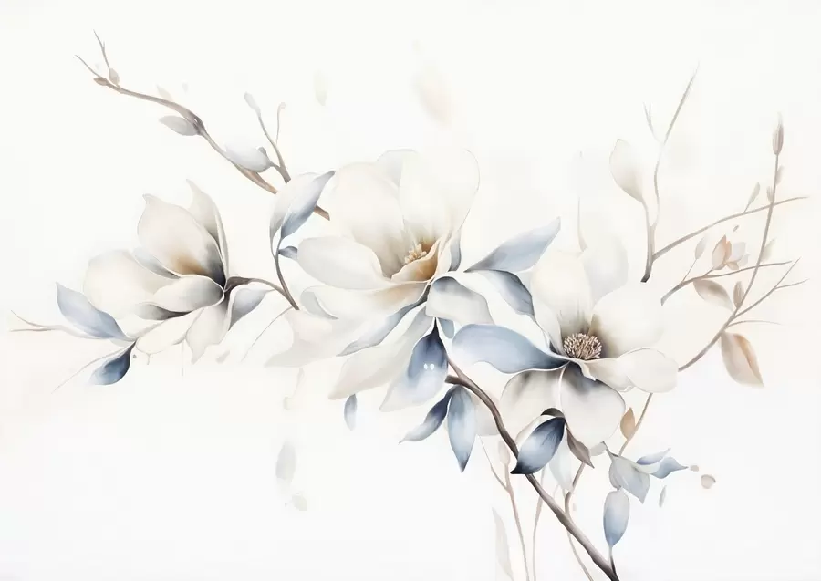 fototapet Delicate flori albe magnolia cu petale albastru moale pe un fundal de lumină acuarelă imitație minimalism  w08644