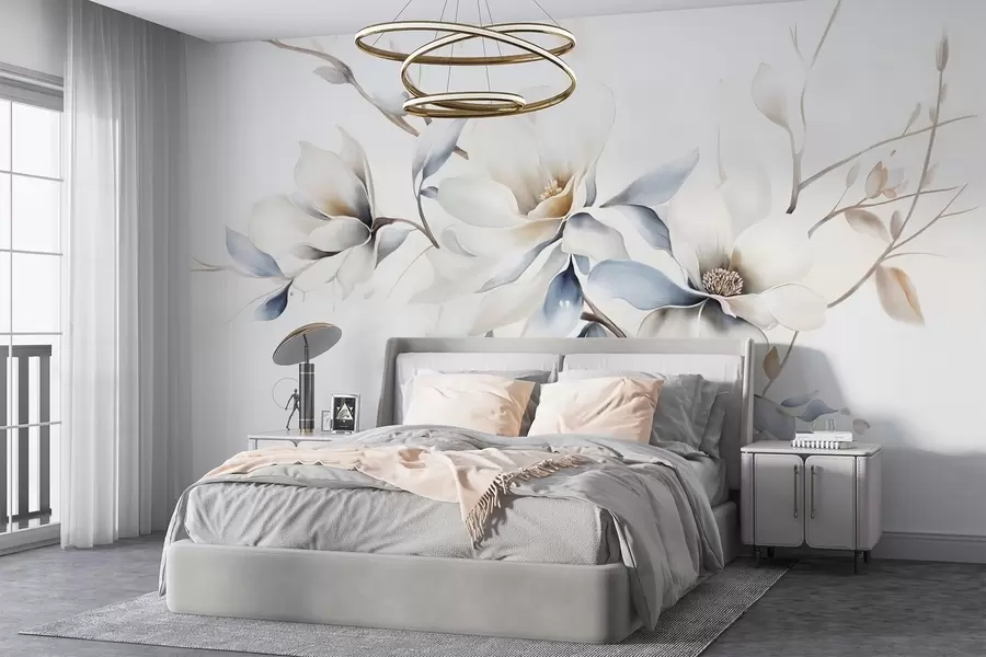 fototapet Delicate flori albe magnolia cu petale albastru moale pe un fundal de lumină acuarelă imitație minimalism  w08644