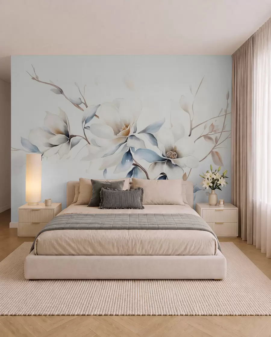 fototapet Delicate flori albe magnolia cu petale albastru moale pe un fundal de lumină acuarelă imitație minimalism  w08644