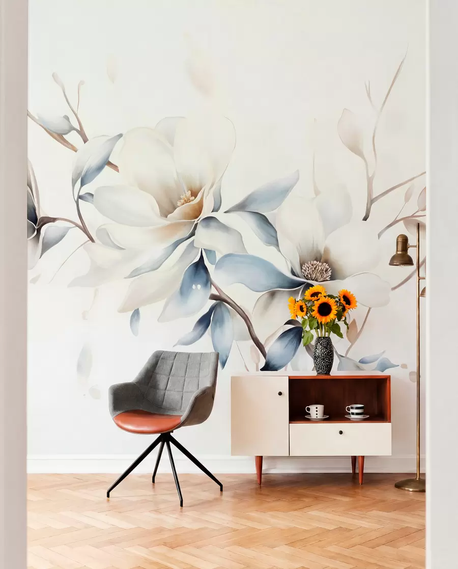 fototapet Delicate flori albe magnolia cu petale albastru moale pe un fundal de lumină acuarelă imitație minimalism  w08644