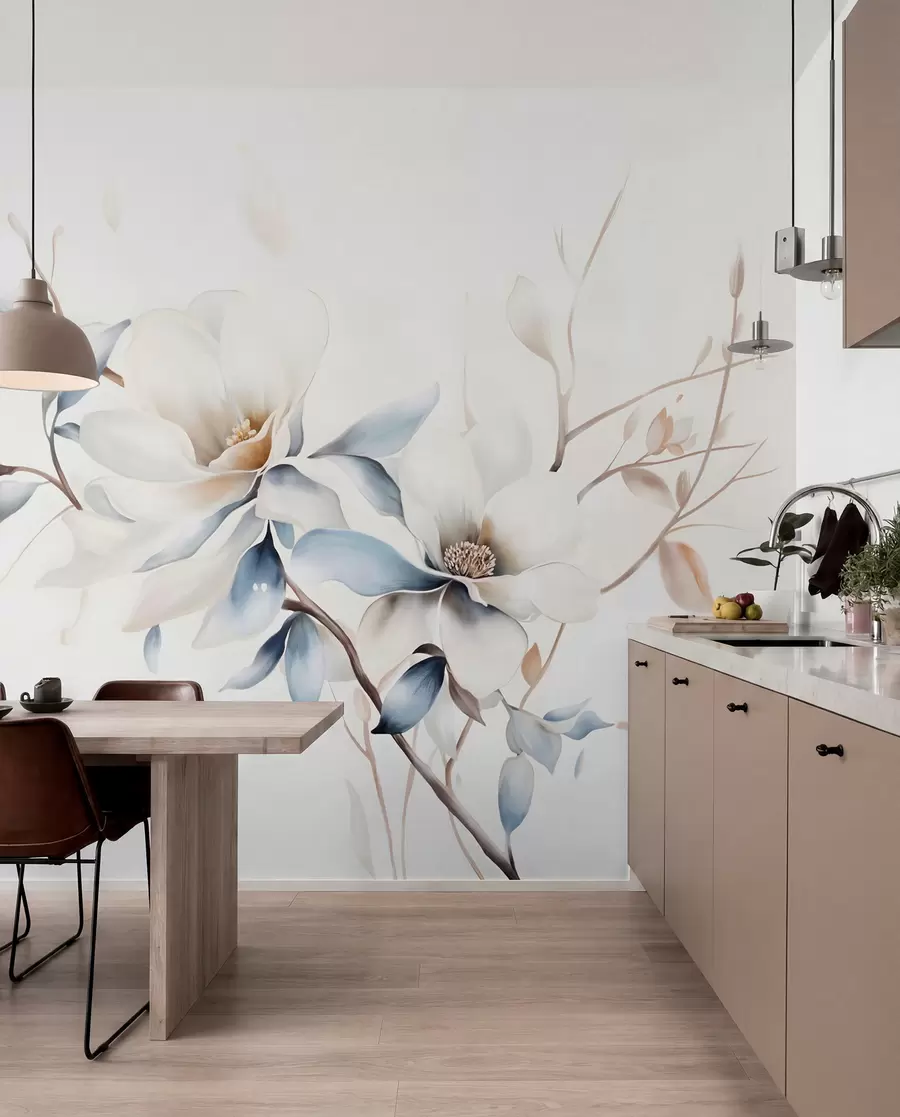 fototapet Delicate flori albe magnolia cu petale albastru moale pe un fundal de lumină acuarelă imitație minimalism  w08644