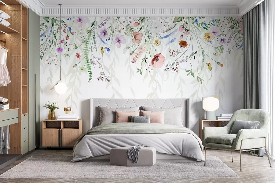 fototapet O imprimare florală colorată în cascadă cu diverse flori, frunze și plante în stil acuarelă   w08646