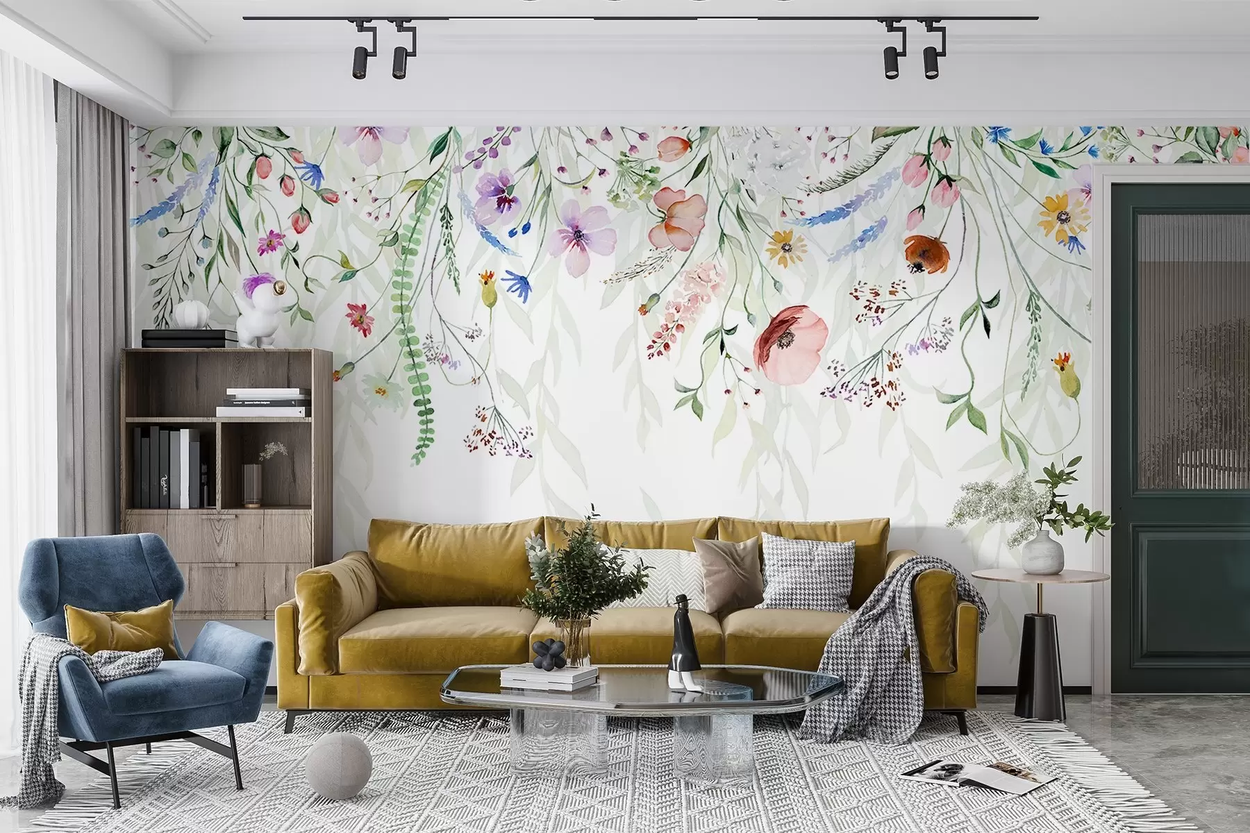 fototapet O imprimare florală colorată în cascadă cu diverse flori, frunze și plante în stil acuarelă   w08646