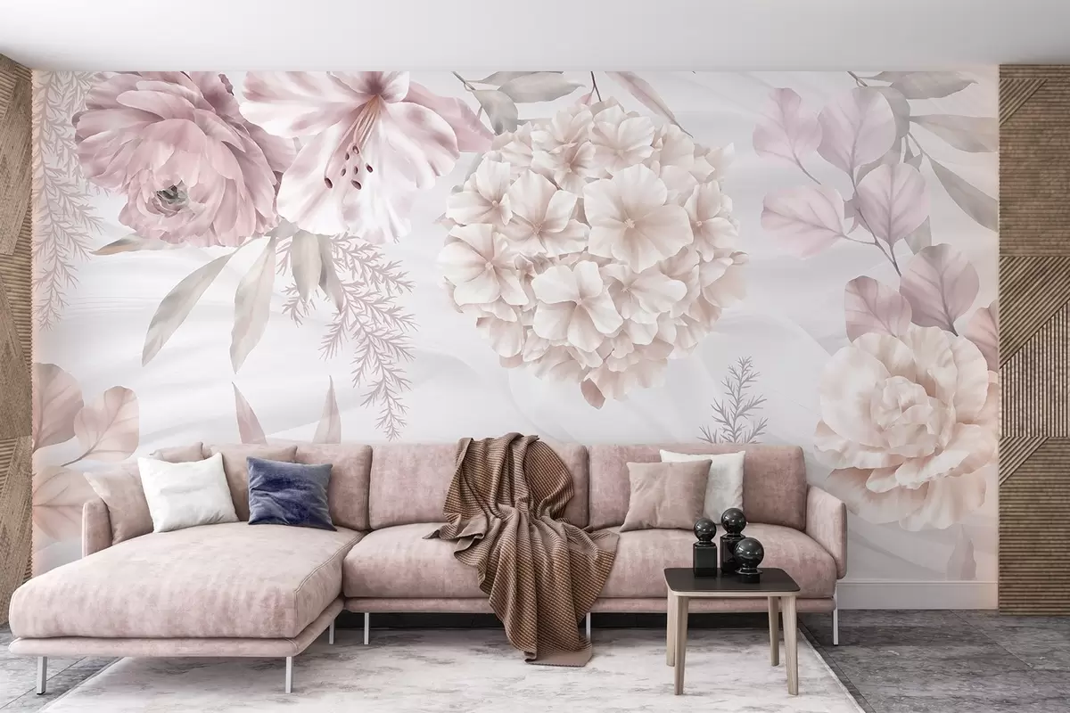 fototapet Un imprimeu floral moale, abstract, cu flori mari roz și albe, frunze delicate și o paletă de culori pastelate, atenuate w08651