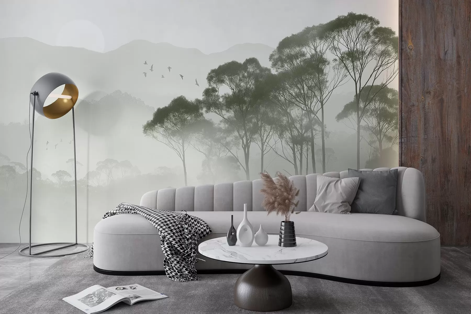 fototapet Copaci în ceață, peisaje naturale, păsări, soare, culori verzi w02740