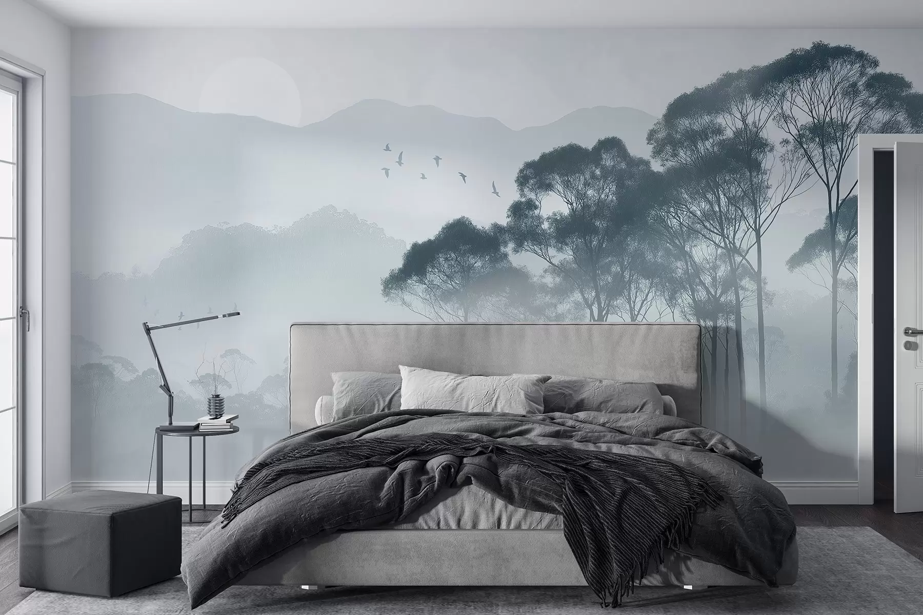 fototapet Copaci în ceață, peisaje naturale, păsări, soare, culori albastre w02740v1