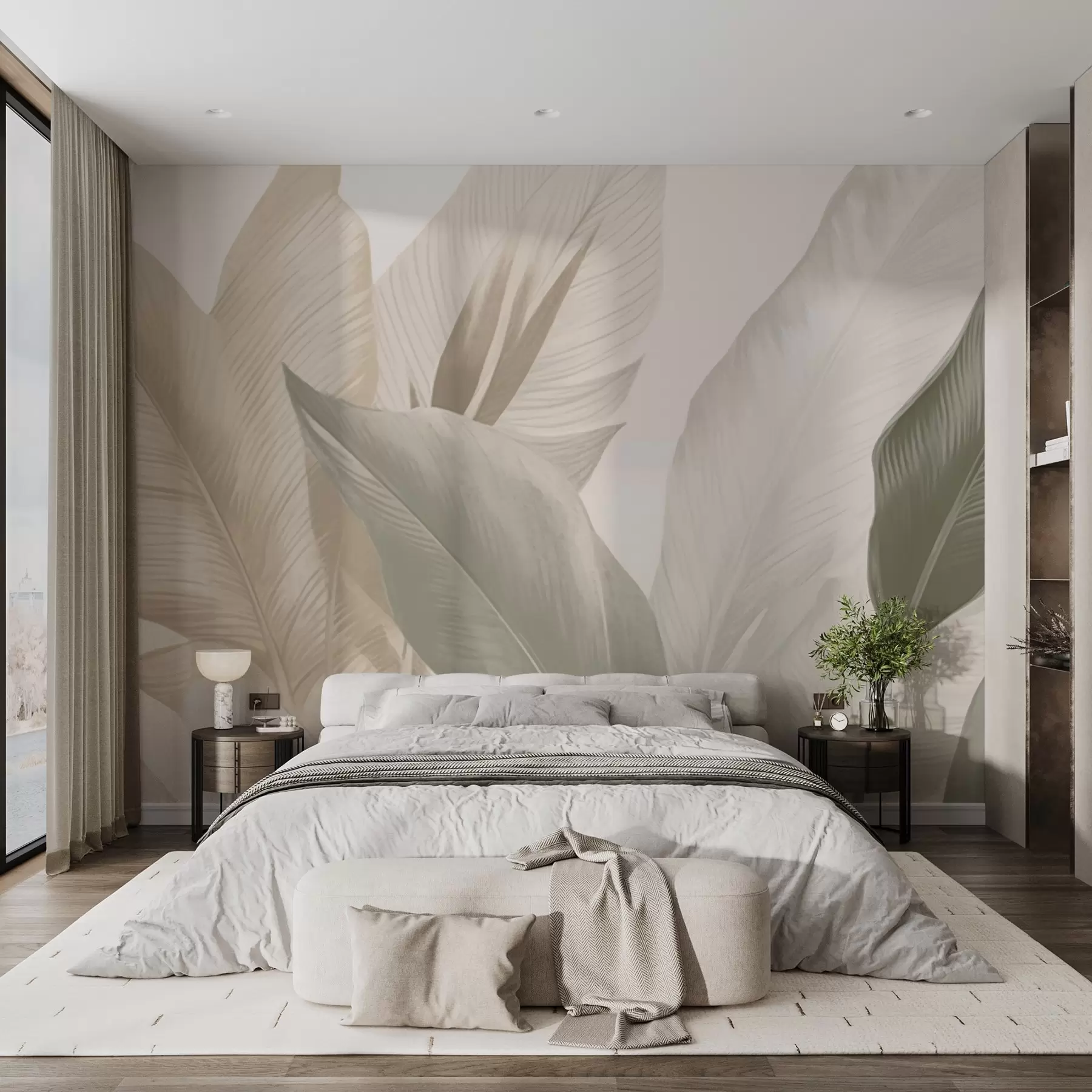 fototapet Frunze tropicale în tonuri moi de bej și verde, cu un efect de acuarelă și tranziții de culoare delicate. w02854