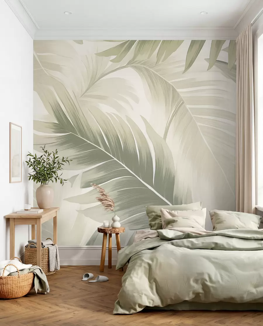 fototapet Model de frunze tropicale mari în nuanțe de verde și bej, cu gradiente netede și detalii delicate ale texturii w02858