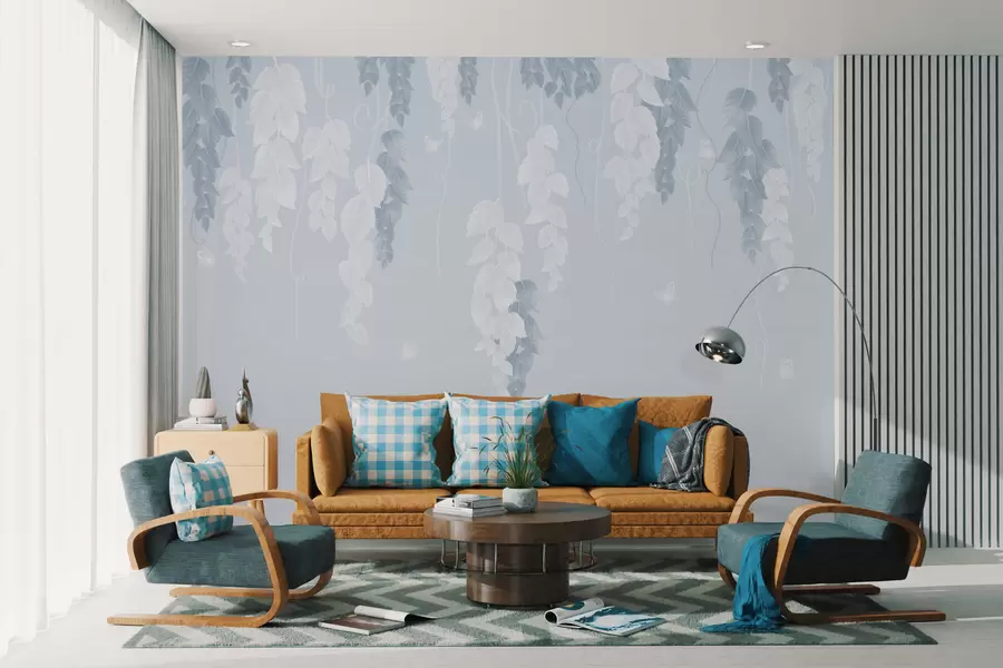 fototapet Frunze suspendate și fluturi în albastru w02655v1