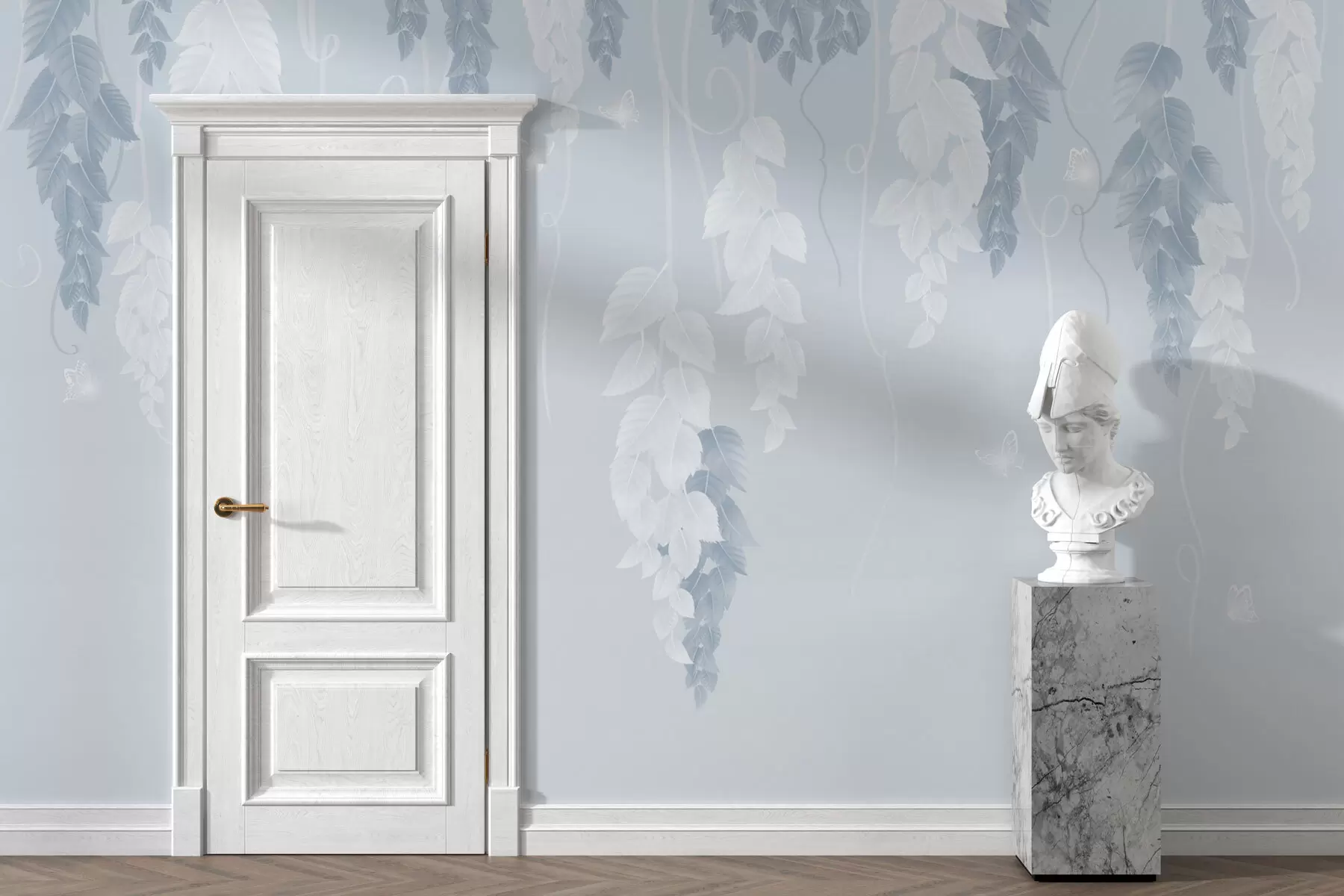 fototapet Frunze suspendate și fluturi în albastru w02655v1