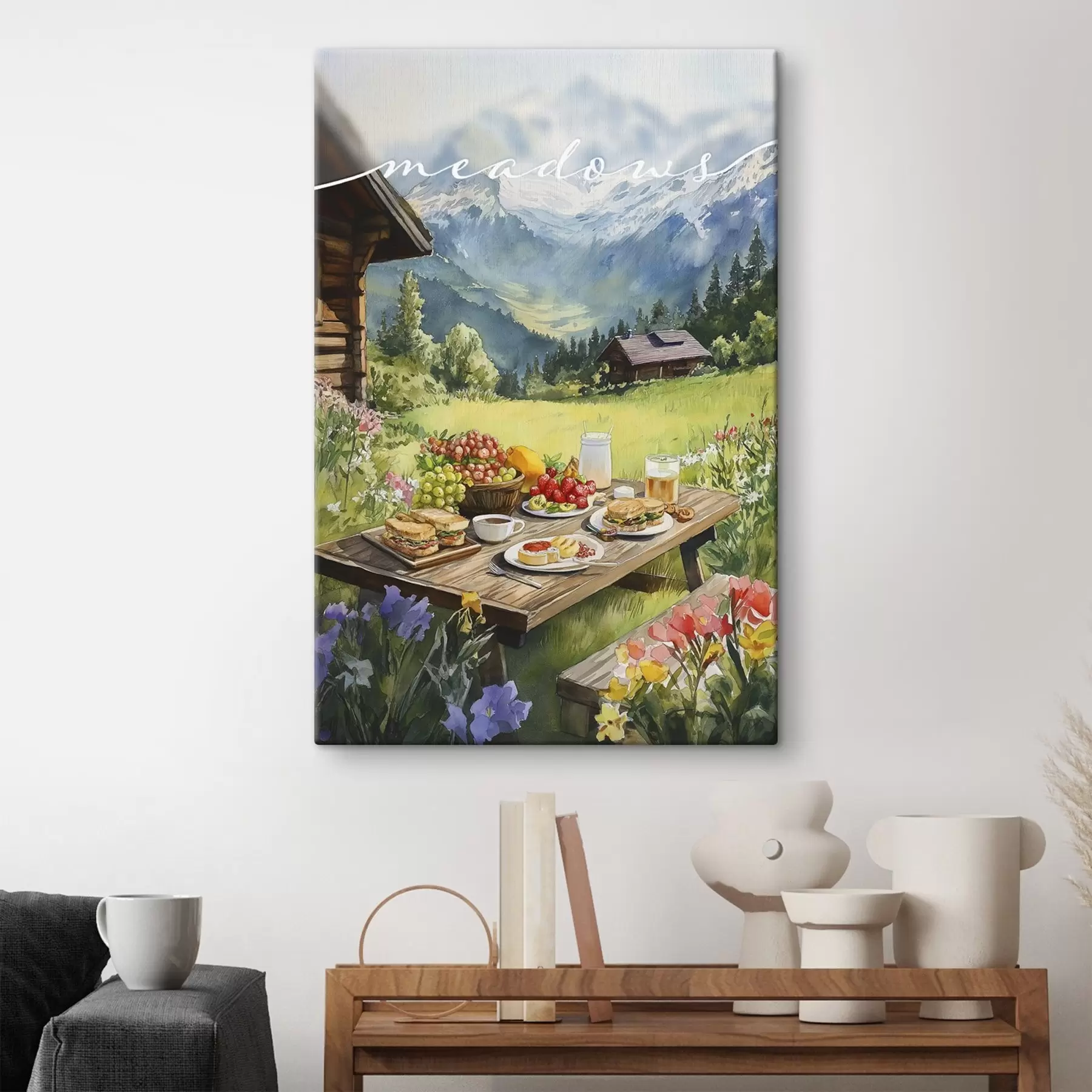 Tablouri Peisaje montane, pajiște de vară, case din lemn, mic dejun s42425