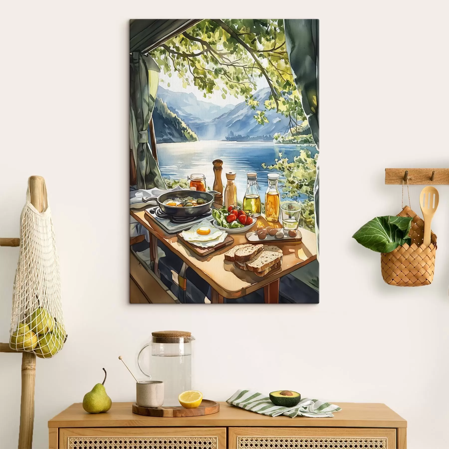 fototapet Frumoasă dimineață de vară, lac, stil acuarelă, mic dejun, călătorie s42433