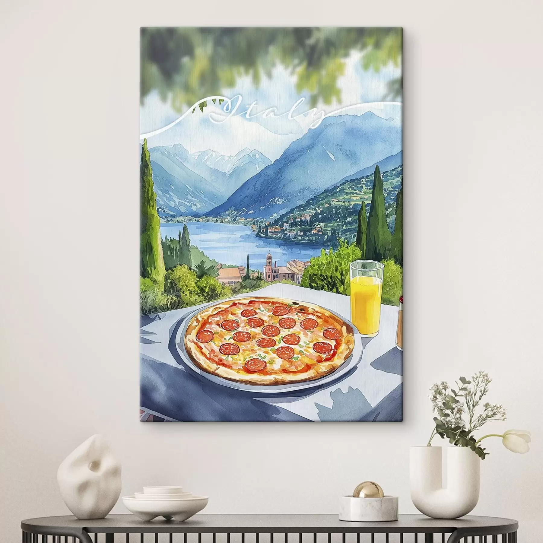 fototapet Stil acuarelă, Italia, pizza, oraș vechi, peisaj montan s42435