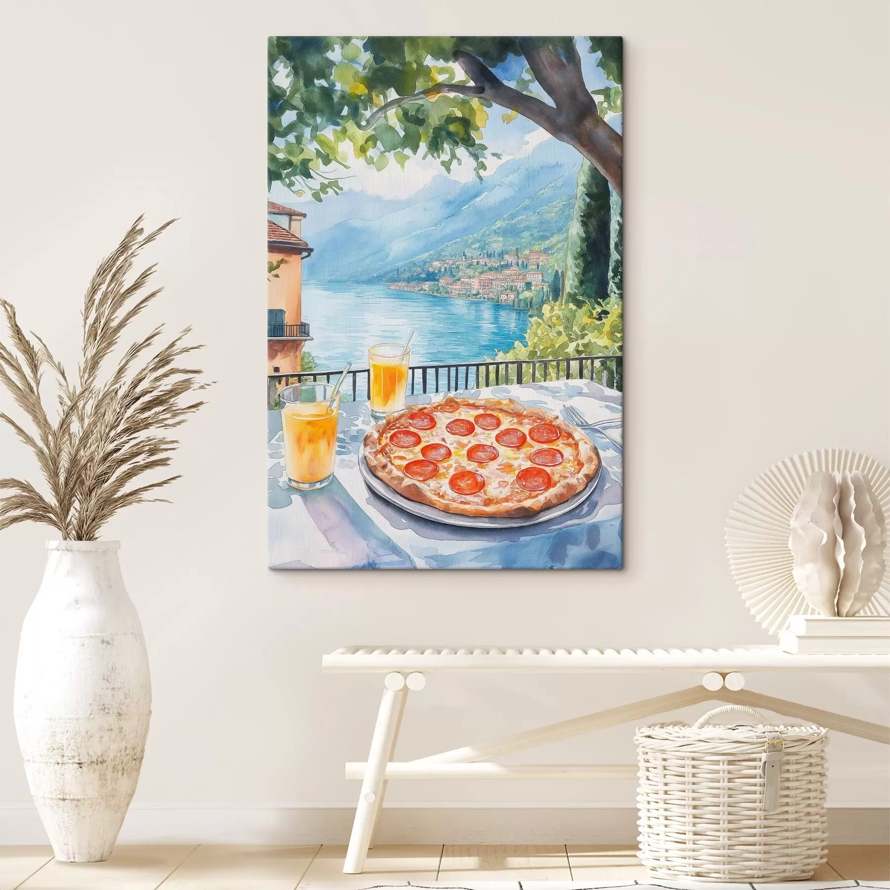 Tablouri Brunch în Italia, stil acuarelă, pizza margarita, lac, natură de vară s42436
