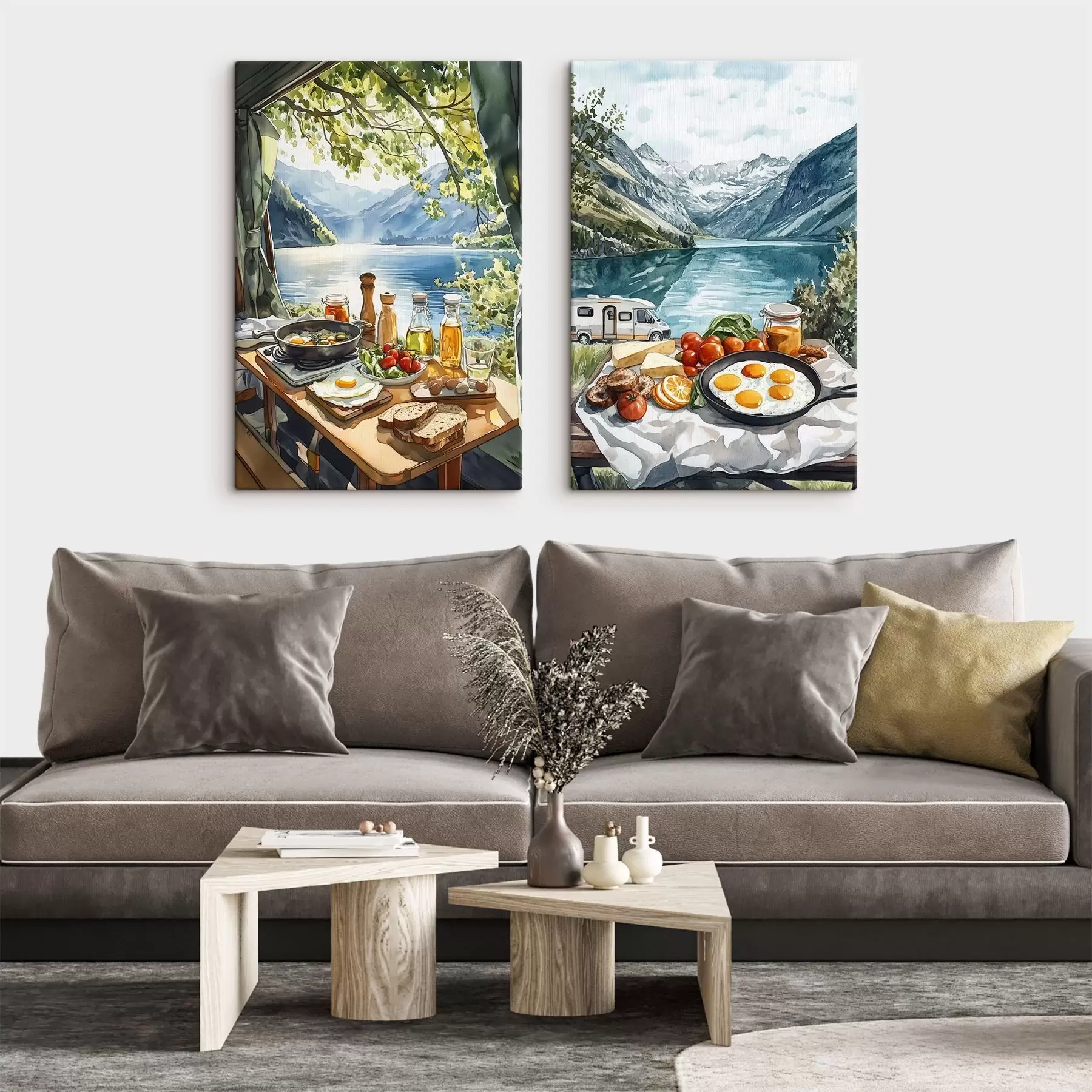 Tablouri Camping, mic dejun estetic lângă lac, stil acuarelă m00405