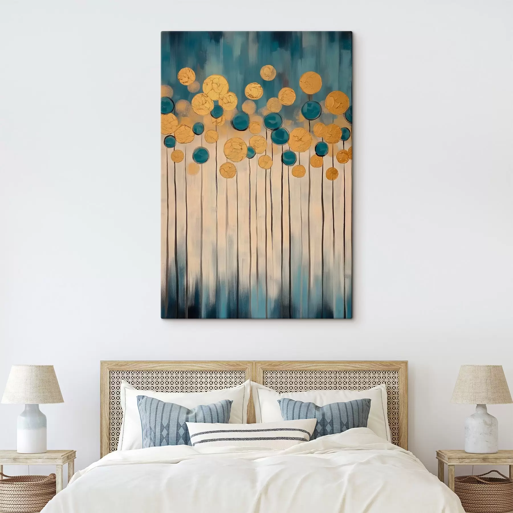 Tablouri Abstracție decorativă cu elemente rotunde pe fundal albastru și bej s42476