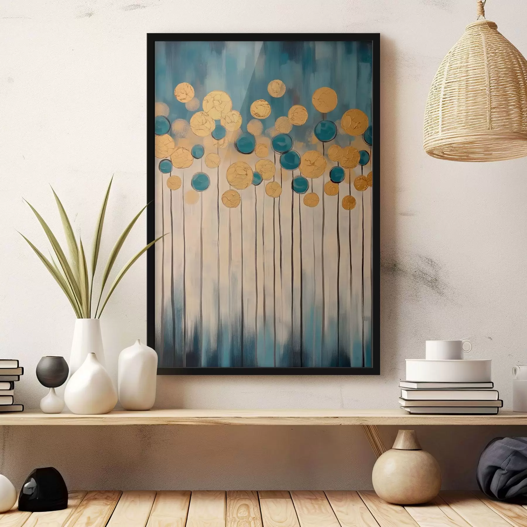 fototapet Abstracție decorativă cu elemente rotunde pe fundal albastru și bej f42476