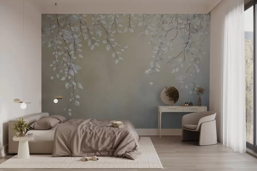 fototapet Ramuri delicate cu frunze albe atârnând în jos w02868