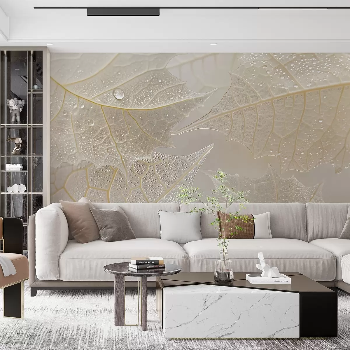 fototapet Close-up de frunze cu vene și picături de rouă în tonuri de bej w02872