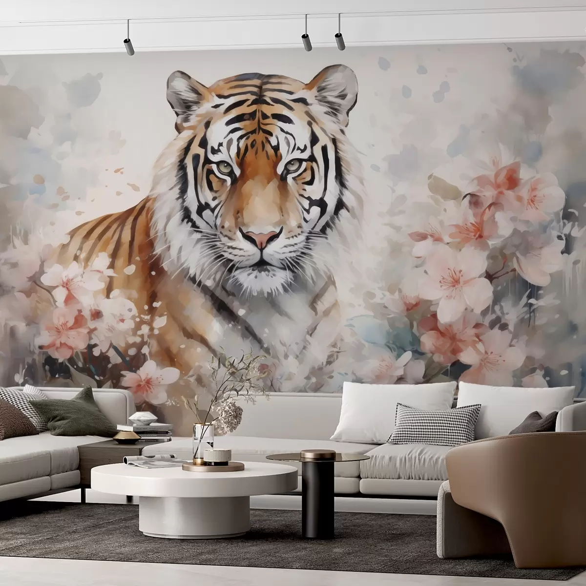 fototapet Tigru abstract în flori imitație de acuarelă w02892