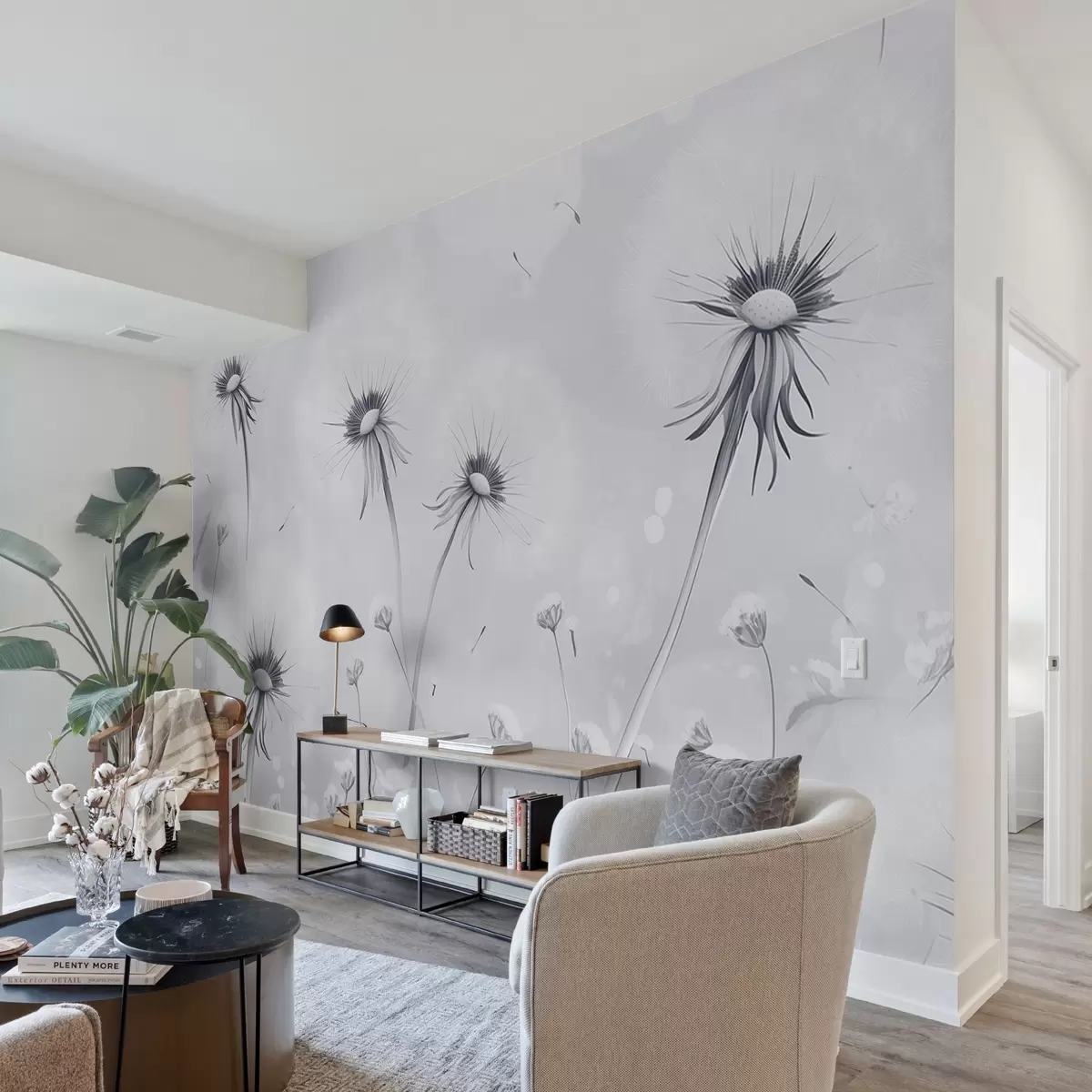 fototapet Păpădii elegante și flori sălbatice în stil pictură în tonuri de albastru w08657v2