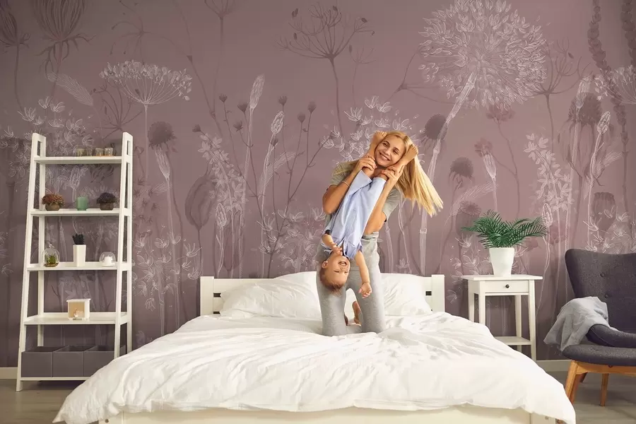 fototapet Păpădii aerisite și flori sălbatice în stil acuarelă în tonuri roz w08637v1