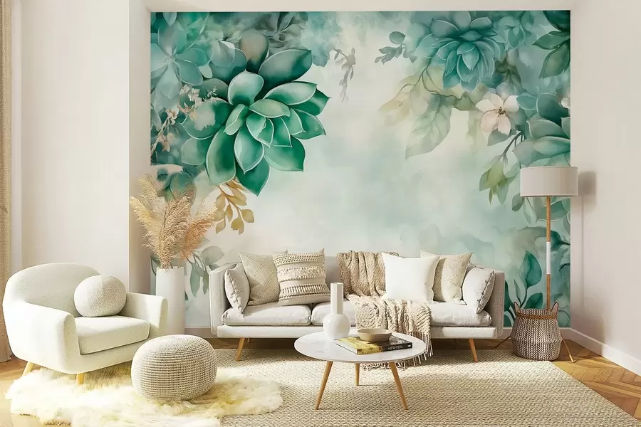 fototapet Delicate suculente luxuriante și elemente florale în stil acuarelă în tonuri verzi w02874