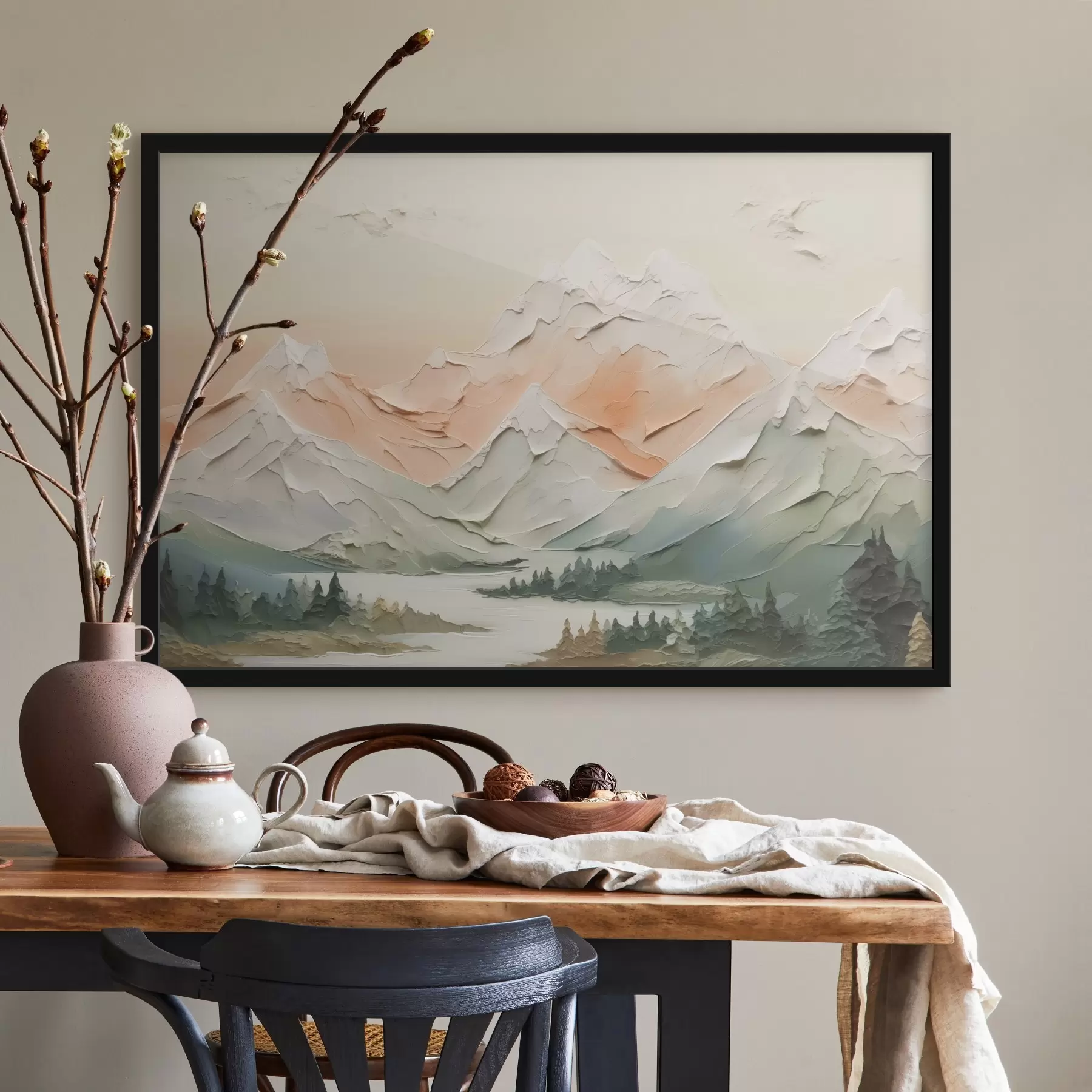 fototapet Munții de lângă râu imitație de lovituri de perie f42589