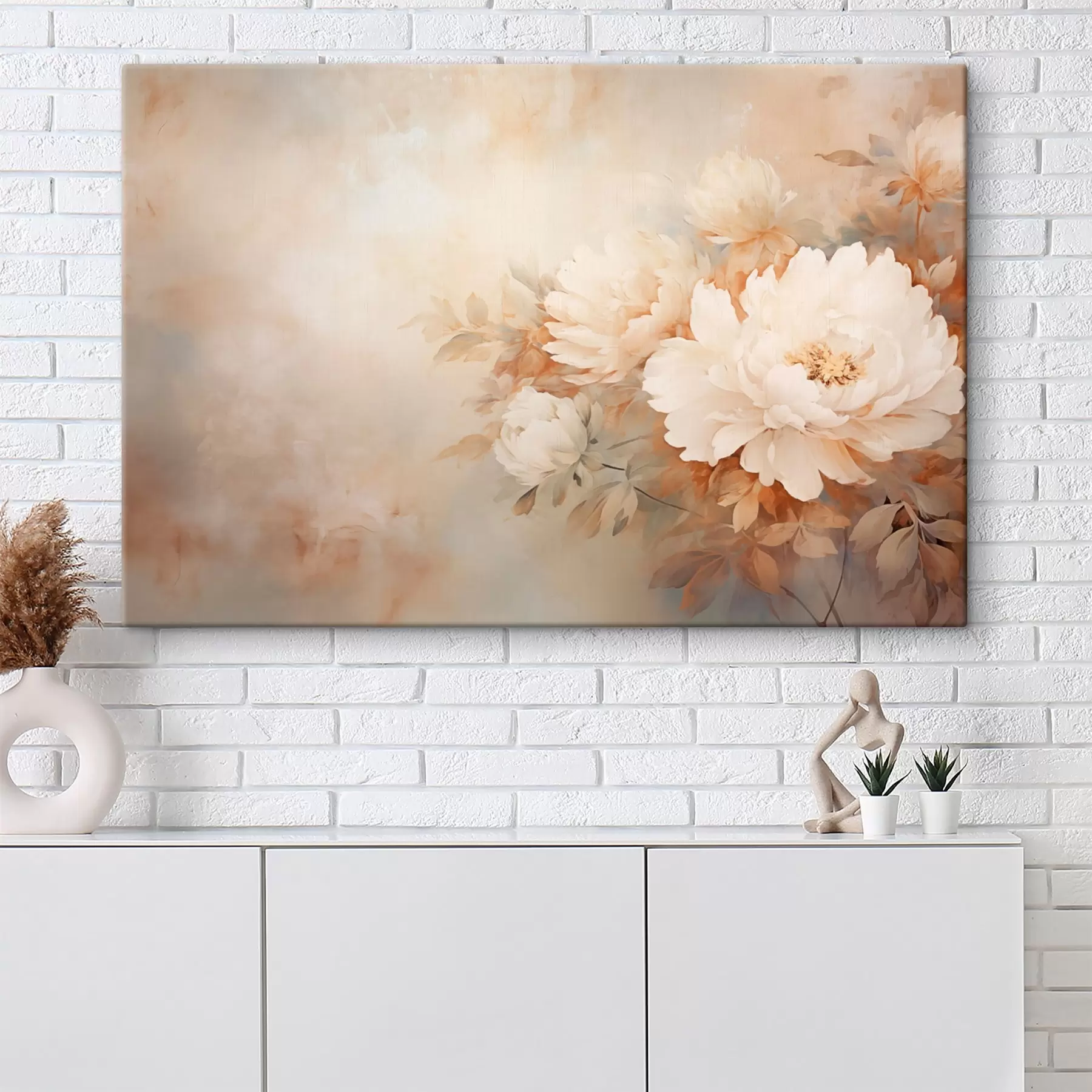 Tablouri Bujori delicați în tonuri pastelate de crem pe un fundal neclar, creând o atmosferă moale și romantică. s42558