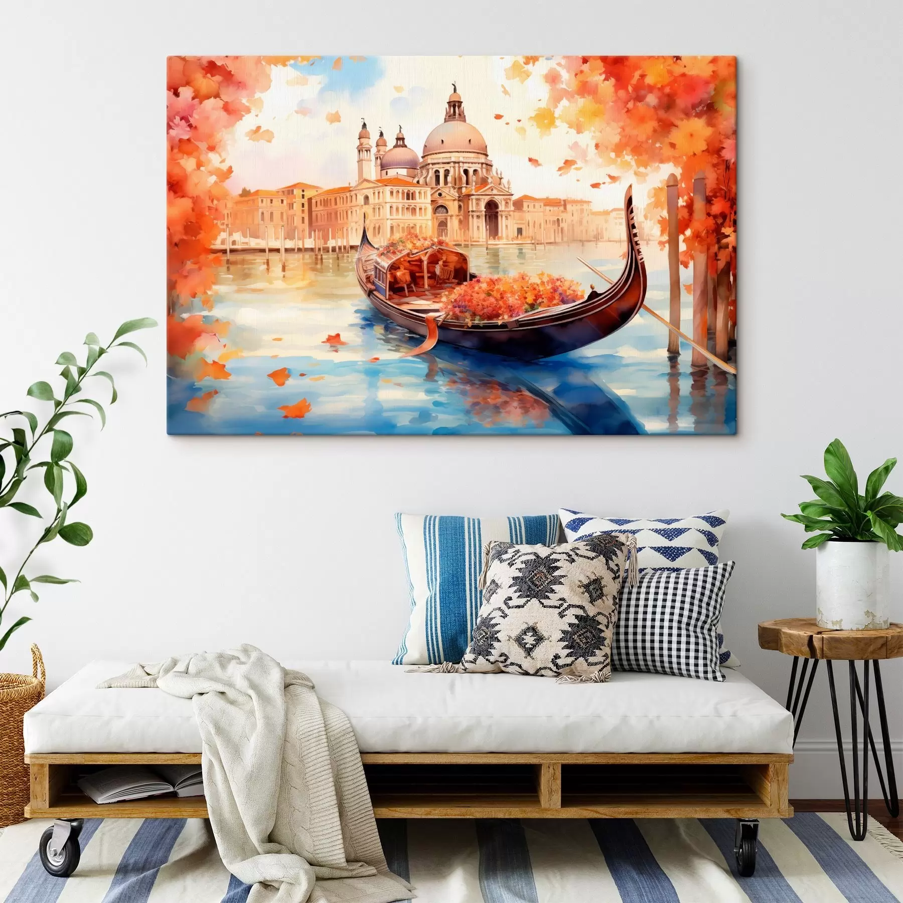 Tablouri O priveliște de toamnă a Veneției cu o gondolă înconjurată de frunze portocalii și roșii strălucitoare, cu reflexii ale clădirilor în apa calmă a canalului s42576
