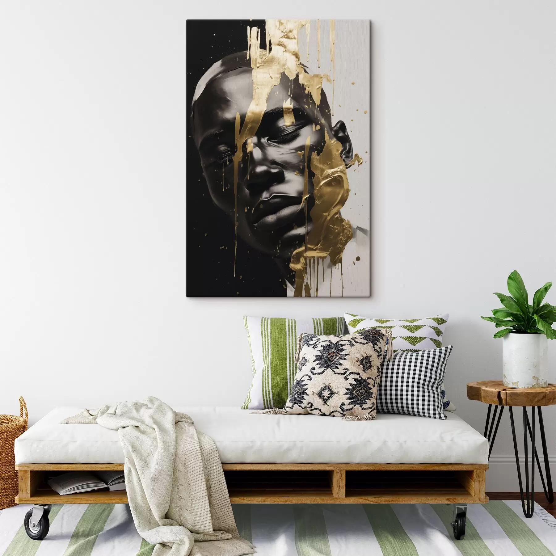 Tablouri Un portret abstract al unui bărbat în tonuri netede de alb-negru, evidențiat de tușe luminoase în culori calde care creează un efect dinamic. s42623