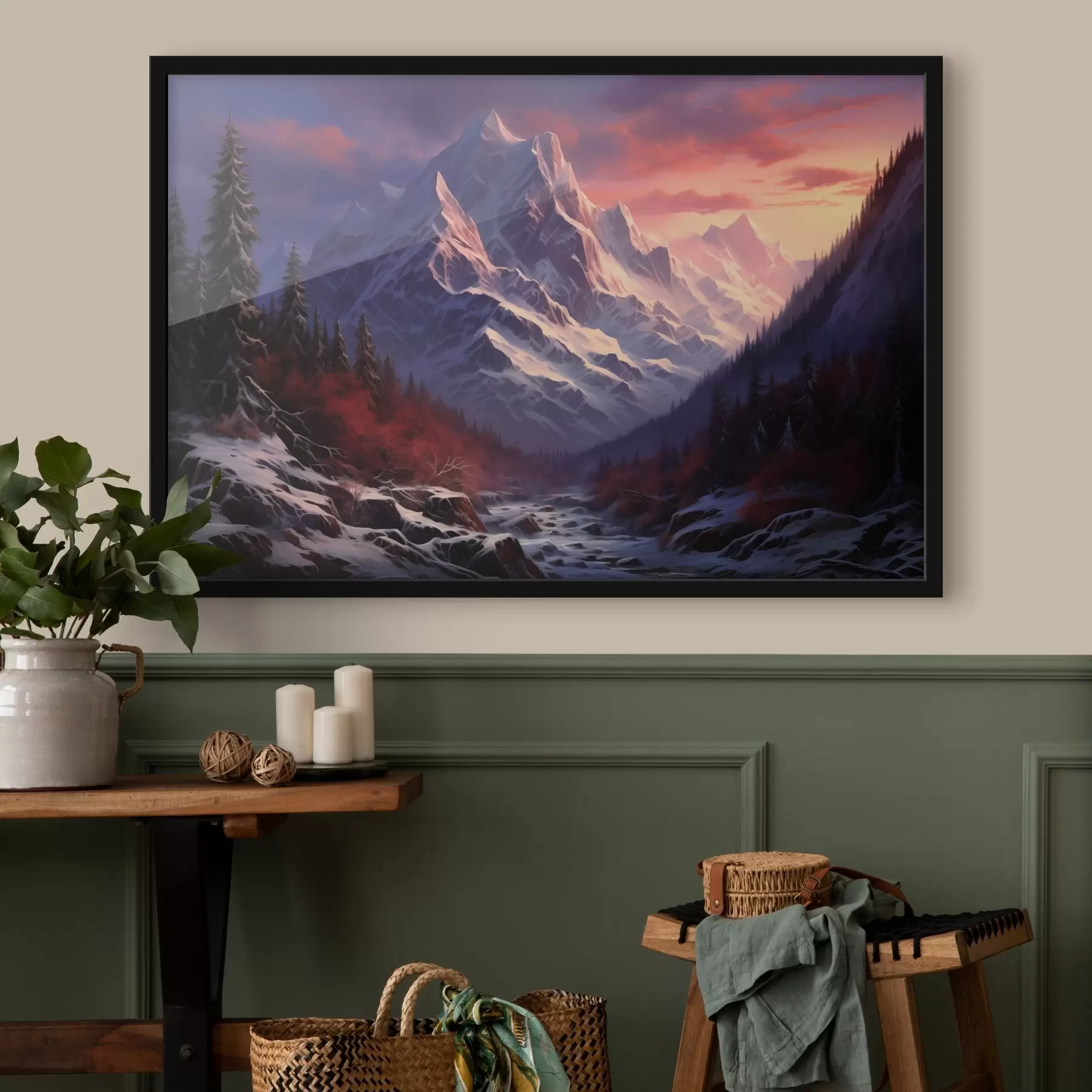 fototapet Un peisaj montan uluitor la apus, cu vârfuri acoperite de zăpadă, pini întunecați și nuanțe moi de roz-violet pe cer. f42566